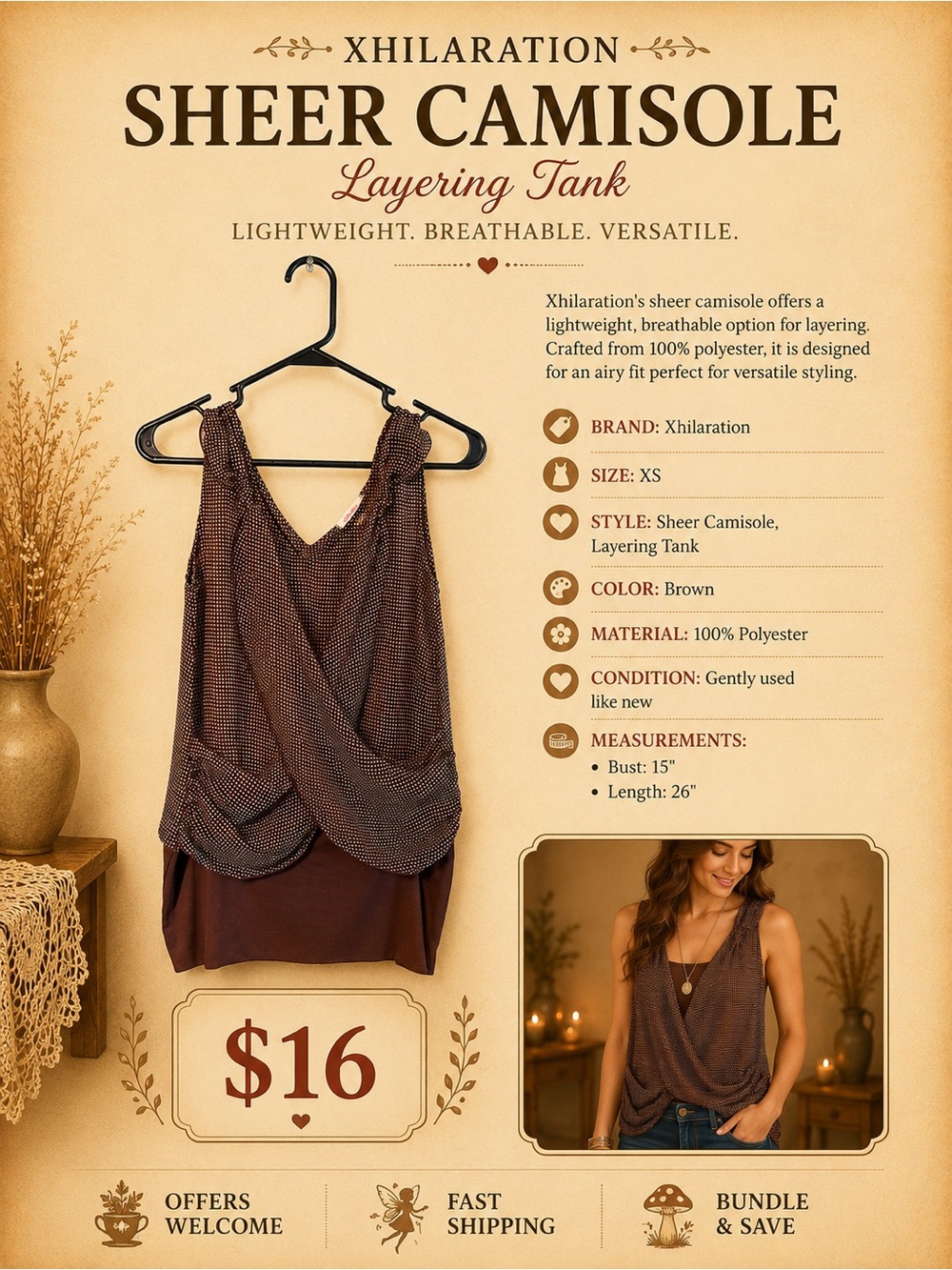Xhilaration Brown Sheer Layering Camisole XS